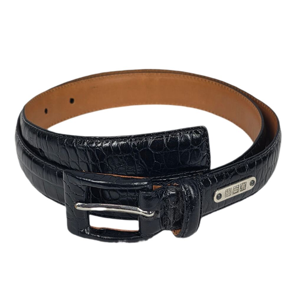 LAUREN RALPH LAUREN CROCO‑EMBOSSED LEATHER BELT – BLACK – SIZE MEDIUM